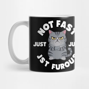 The image features a grumpy-looking cat with the text “NOT FAST JUST FURIOUS” surrounding it (4) Mug